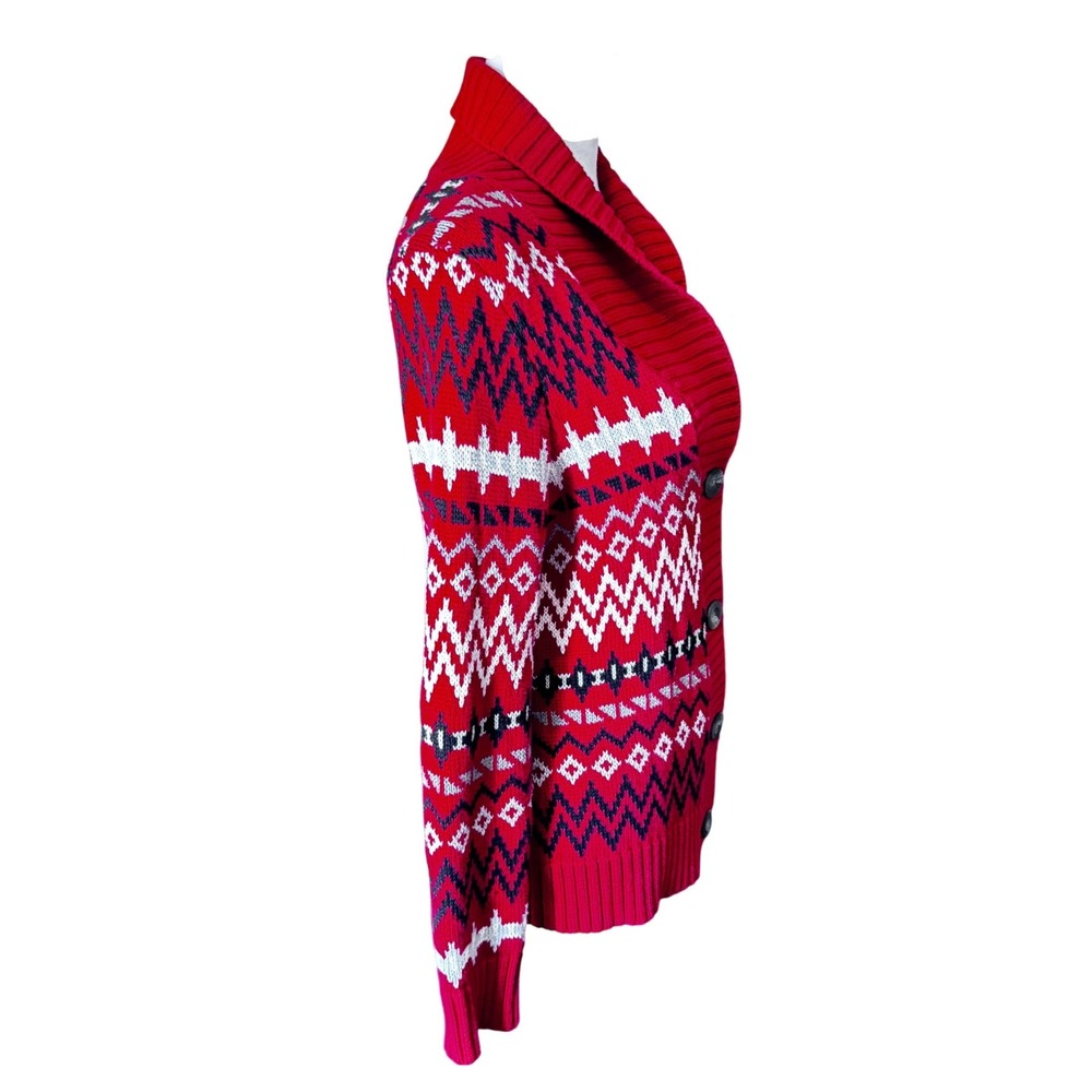 Bass G.H. Bass & Co Women's Red Fair Isle Cotton Shawl Collar Cardigan Sweater M - Picture 10 of 13
